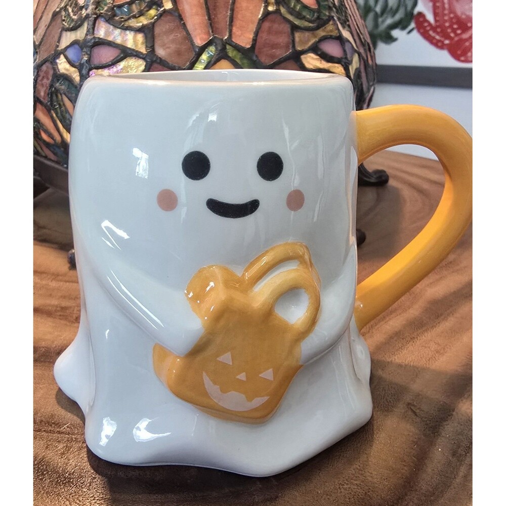 Coffee Mug Ghost Halloween Ceramic w Jack O Lantern Bag NWT